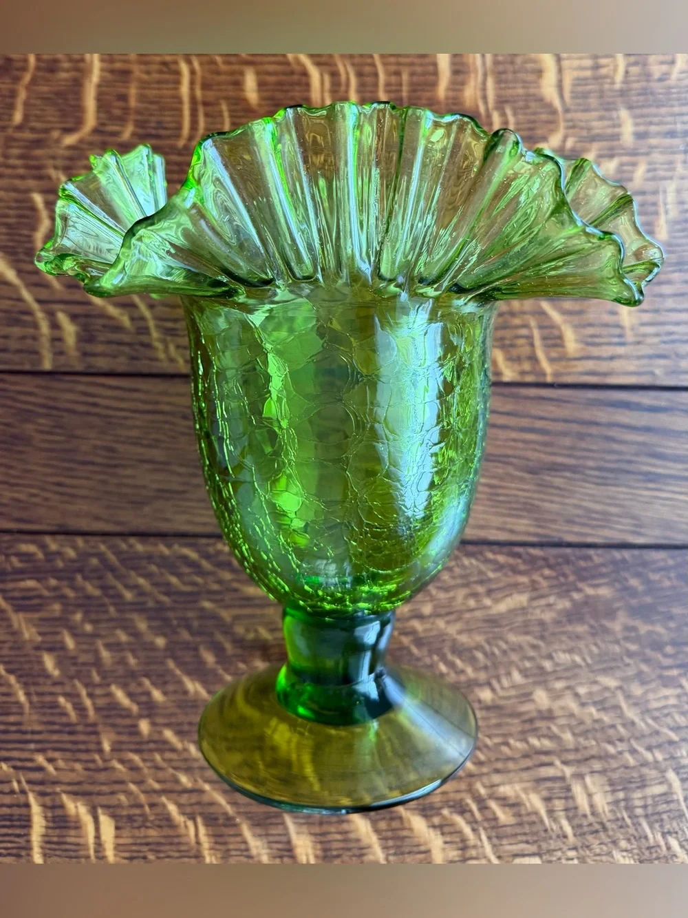 Mid-Century Vintage Blenko Art Crackle Glass Pedestal Vase Green
